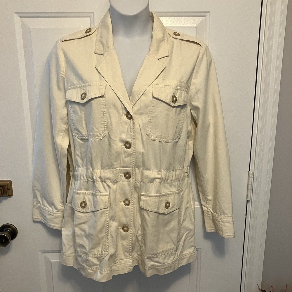 LOFT Safari Jacket Size Large Cream Cotton Lyocell Blend Button Up Coat Womens